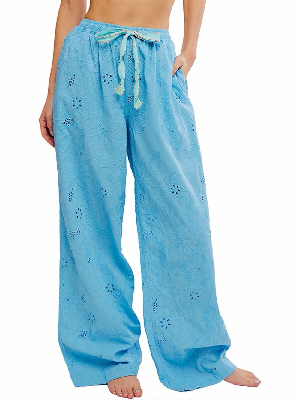 NWT Free People Sky Blue Floral Eyelet Wide-Leg Pants